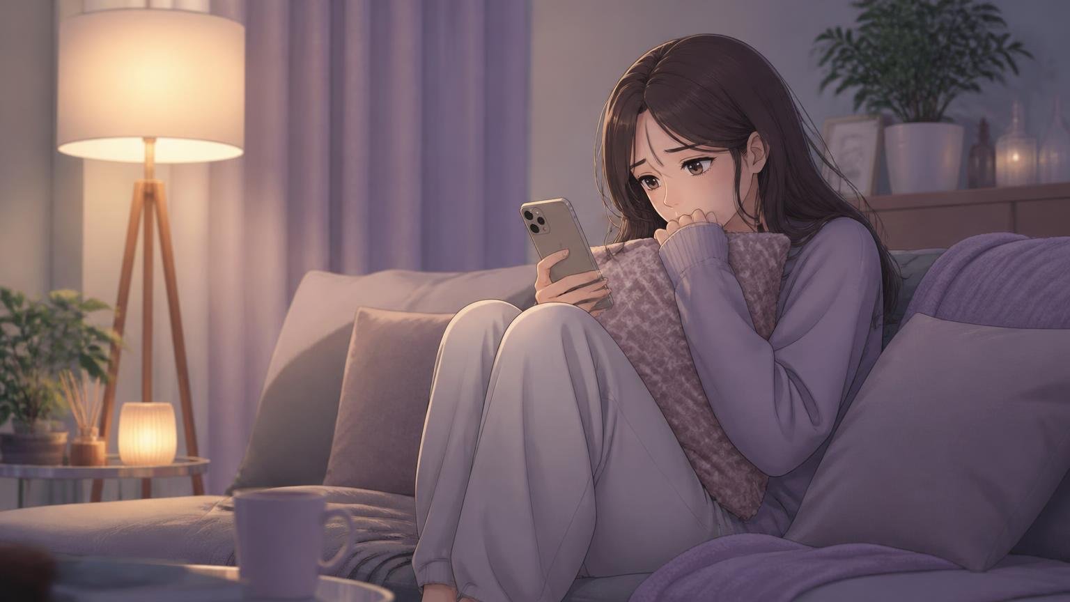 ソファでスマートフォンを見て少し不安そうに考える女性のイラスト