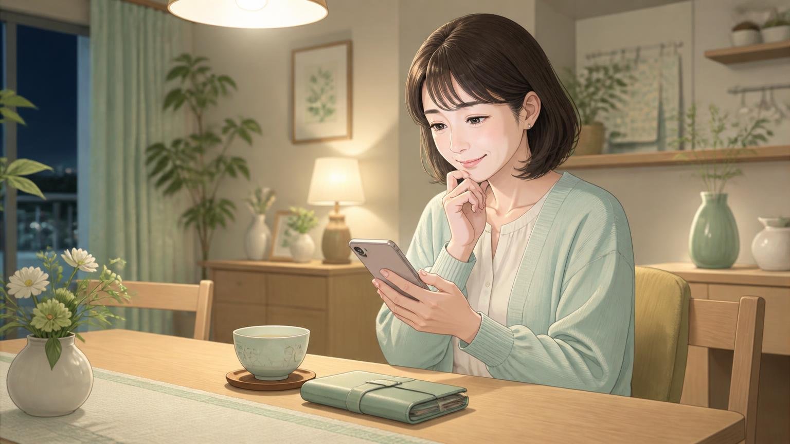 ダイニングテーブルで閉じた財布を横に置き、スマートフォンを確かめる女性のイラスト