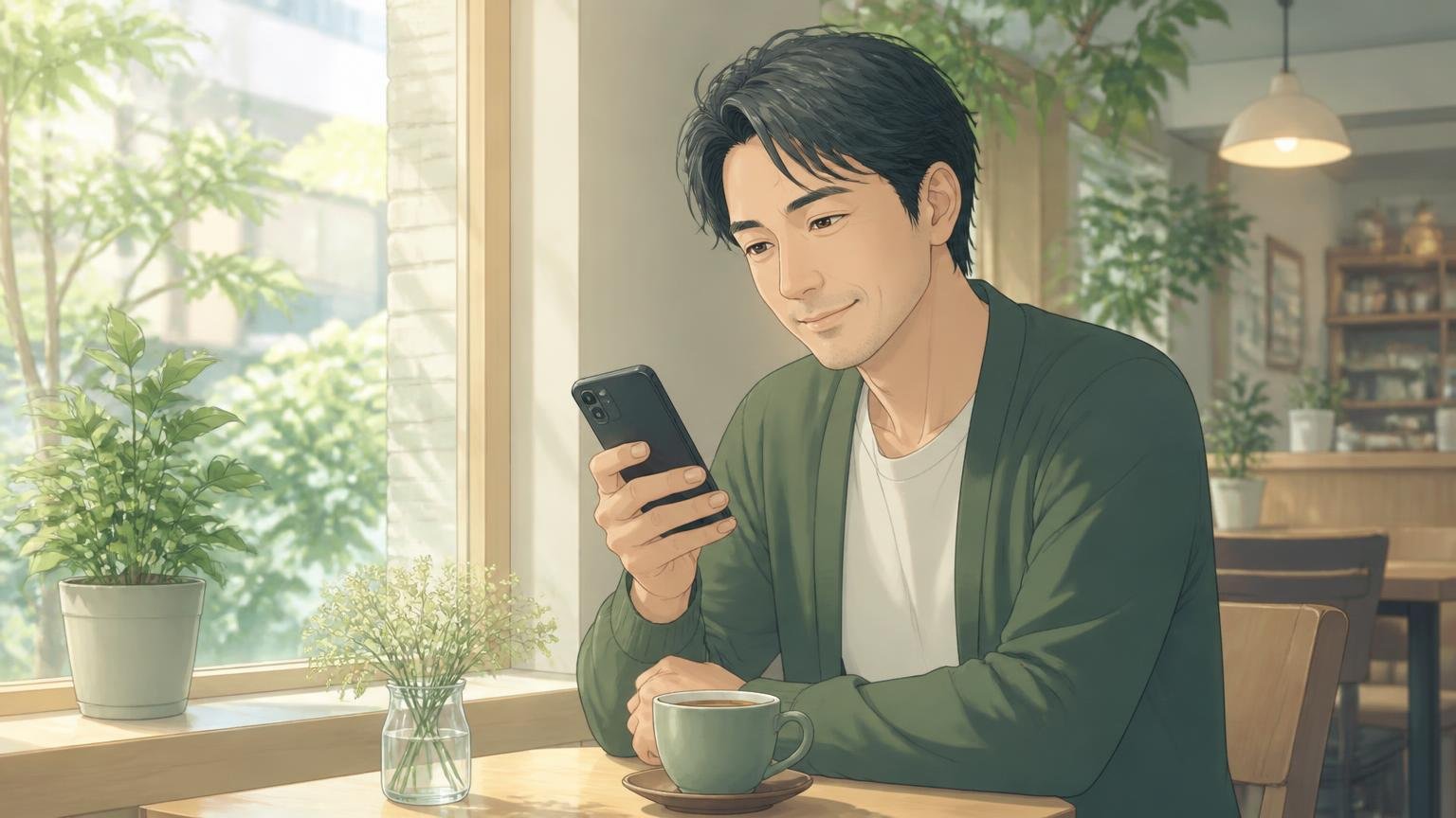 カフェの窓際でスマートフォンを見て穏やかに微笑む40代男性のイラスト