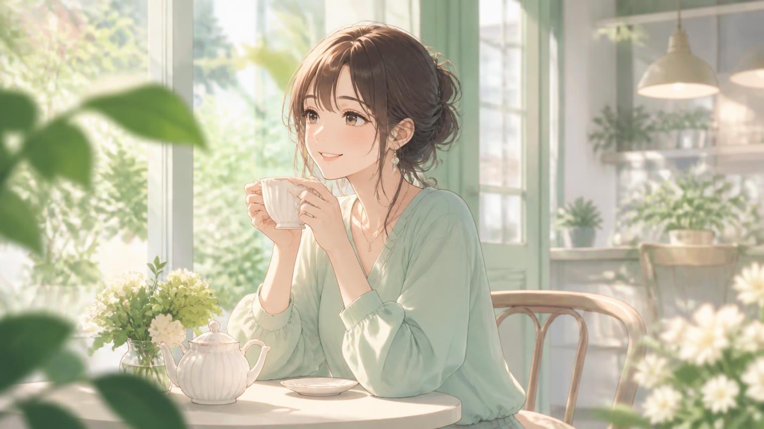 カフェで飲み物を前に穏やかに微笑む女性のイラスト