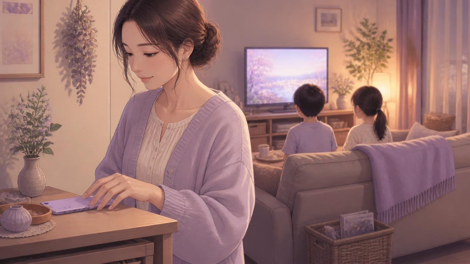 家族がテレビを見るリビングで、スマートフォンを伏せて置く女性のイラスト