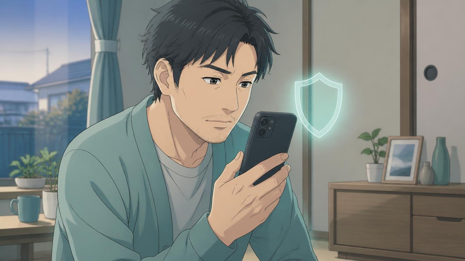 スマートフォンの画面を慎重に確かめる40代男性の手元と表情のイラスト