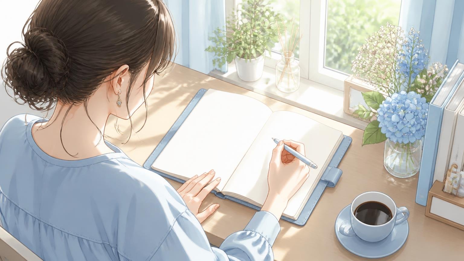 手帳に予定を書き込む女性の手元のイラスト