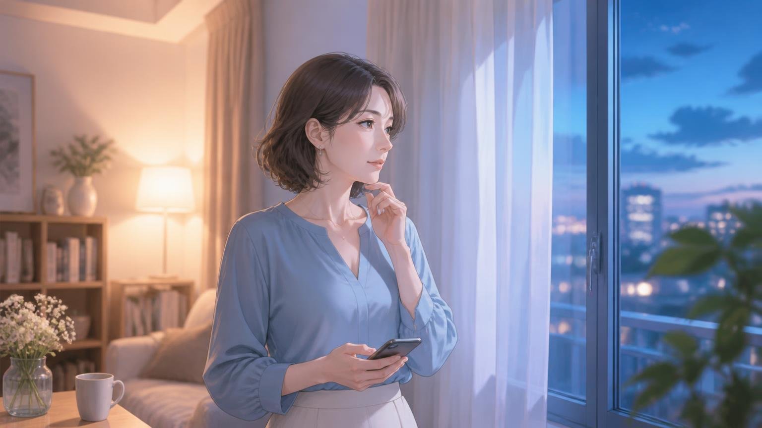 窓辺でスマートフォンを手に、少し考えこむ女性のイラスト
