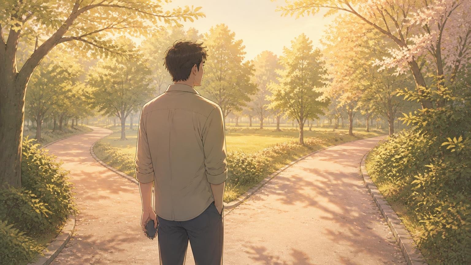 分かれ道の前に立ちスマートフォンを手に考える40代男性のイラスト