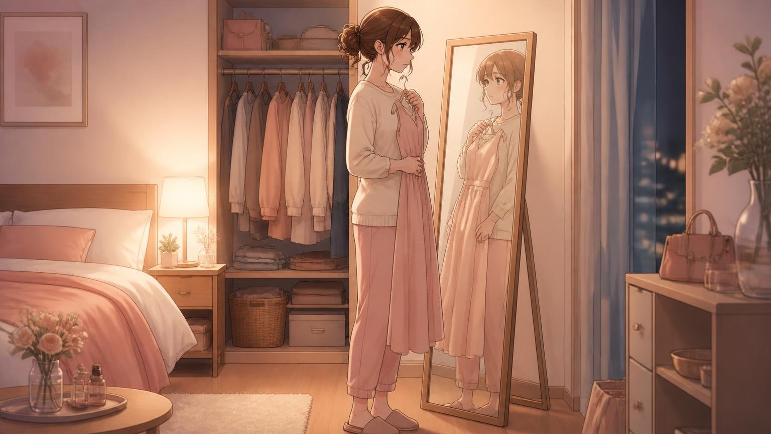 姿見の前で服を合わせて確かめる女性のイラスト