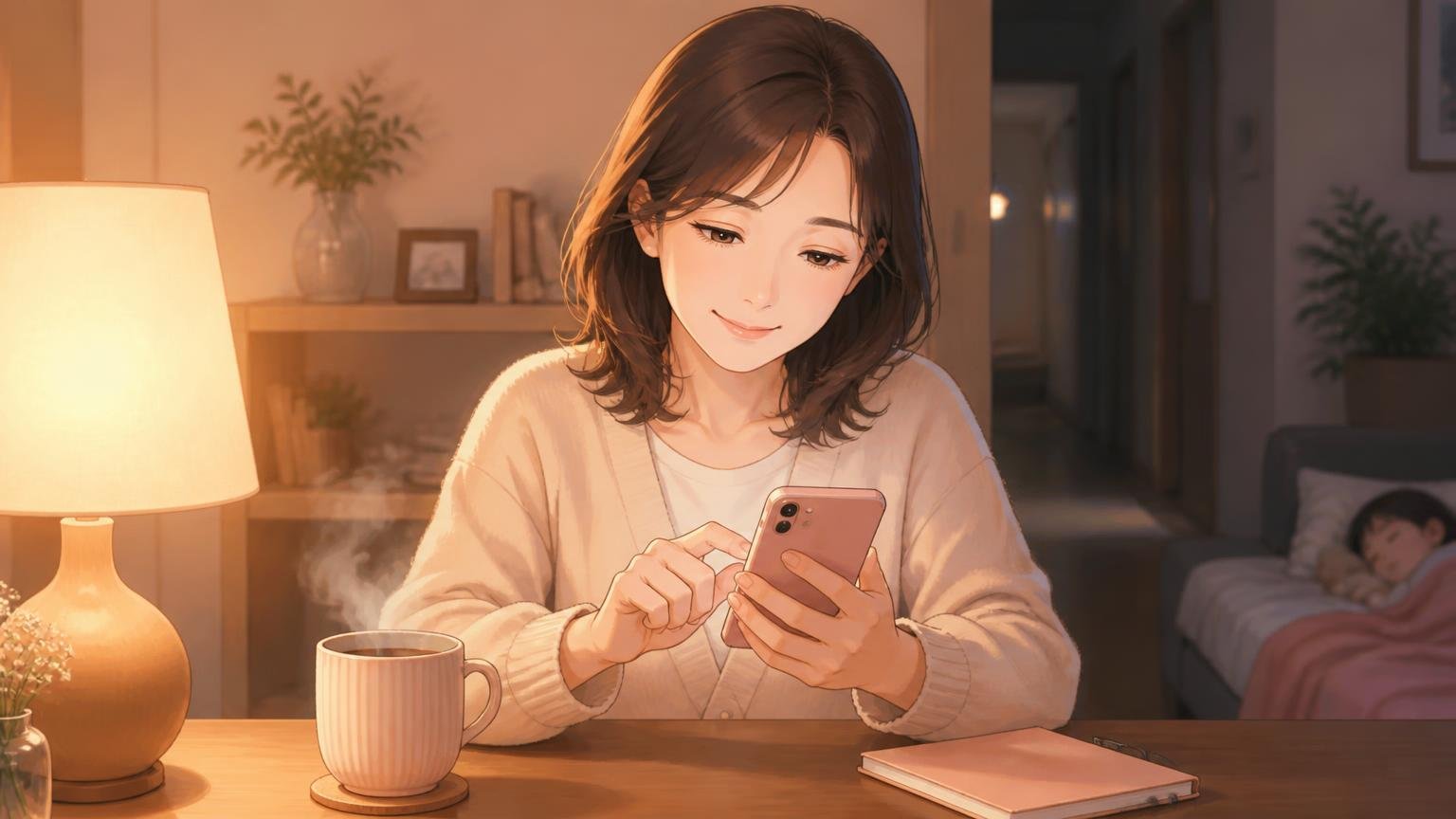 子どもが寝たあとのダイニングで、湯気の立つカップを横にスマートフォンを操作する女性のイラスト
