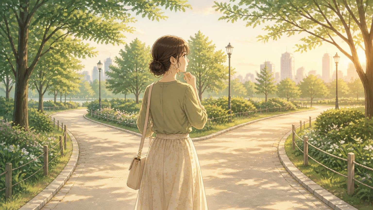 分かれ道の前で立ち止まって考える女性のイラスト