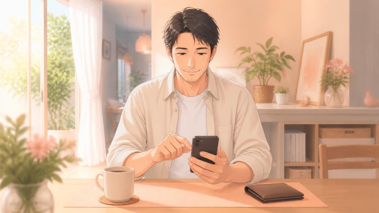 週末の朝、コーヒーを横にスマートフォンを操作する40代男性のイラスト