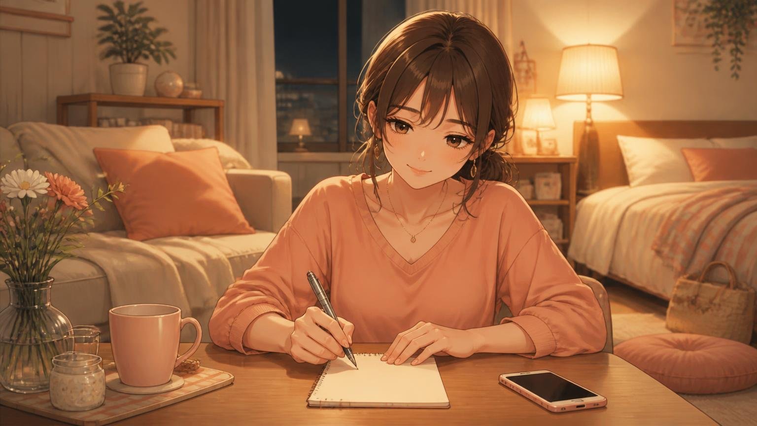 夜の机でメモ帳に書き出す女性のイラスト