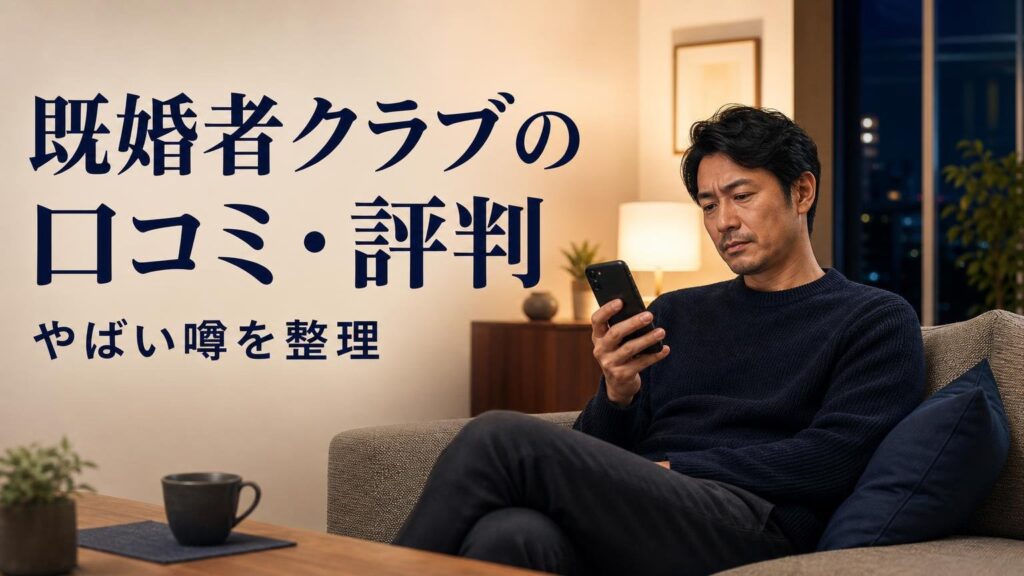夜のリビングでスマートフォンを見る40代の男性と、既婚者クラブの口コミ・評判の文字