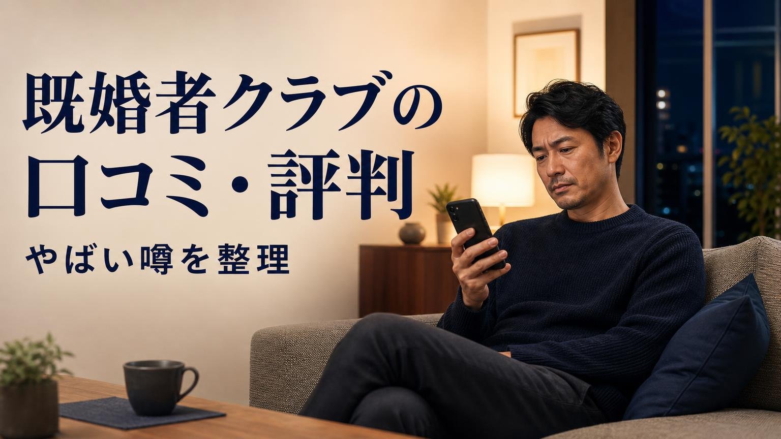 夜のリビングでスマートフォンを見る40代の男性と、既婚者クラブの口コミ・評判の文字