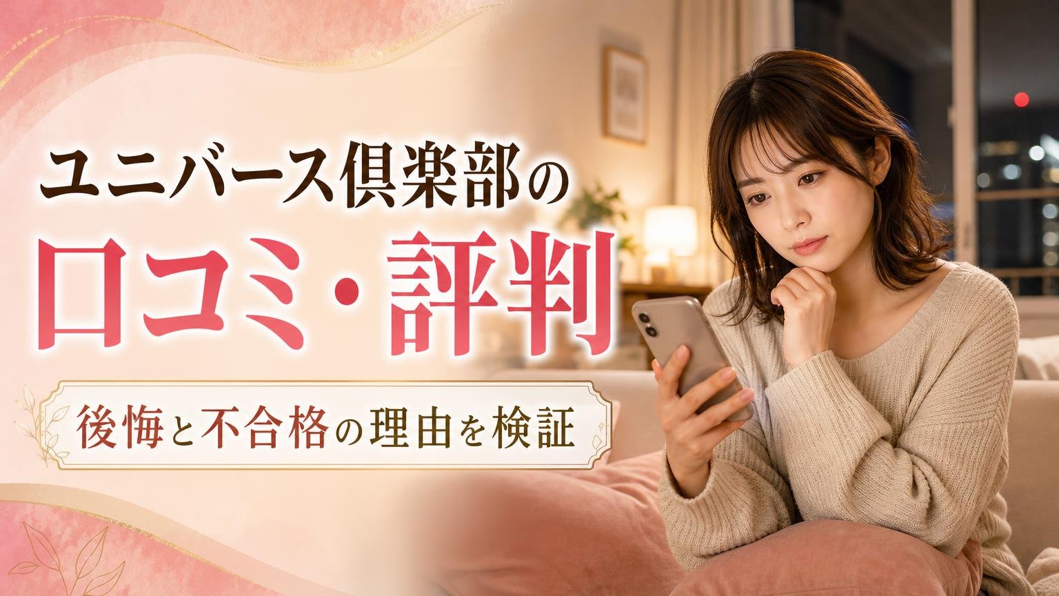 夜の部屋でスマートフォンを見て考える20代の女性と、ユニバース倶楽部の口コミ・評判の文字