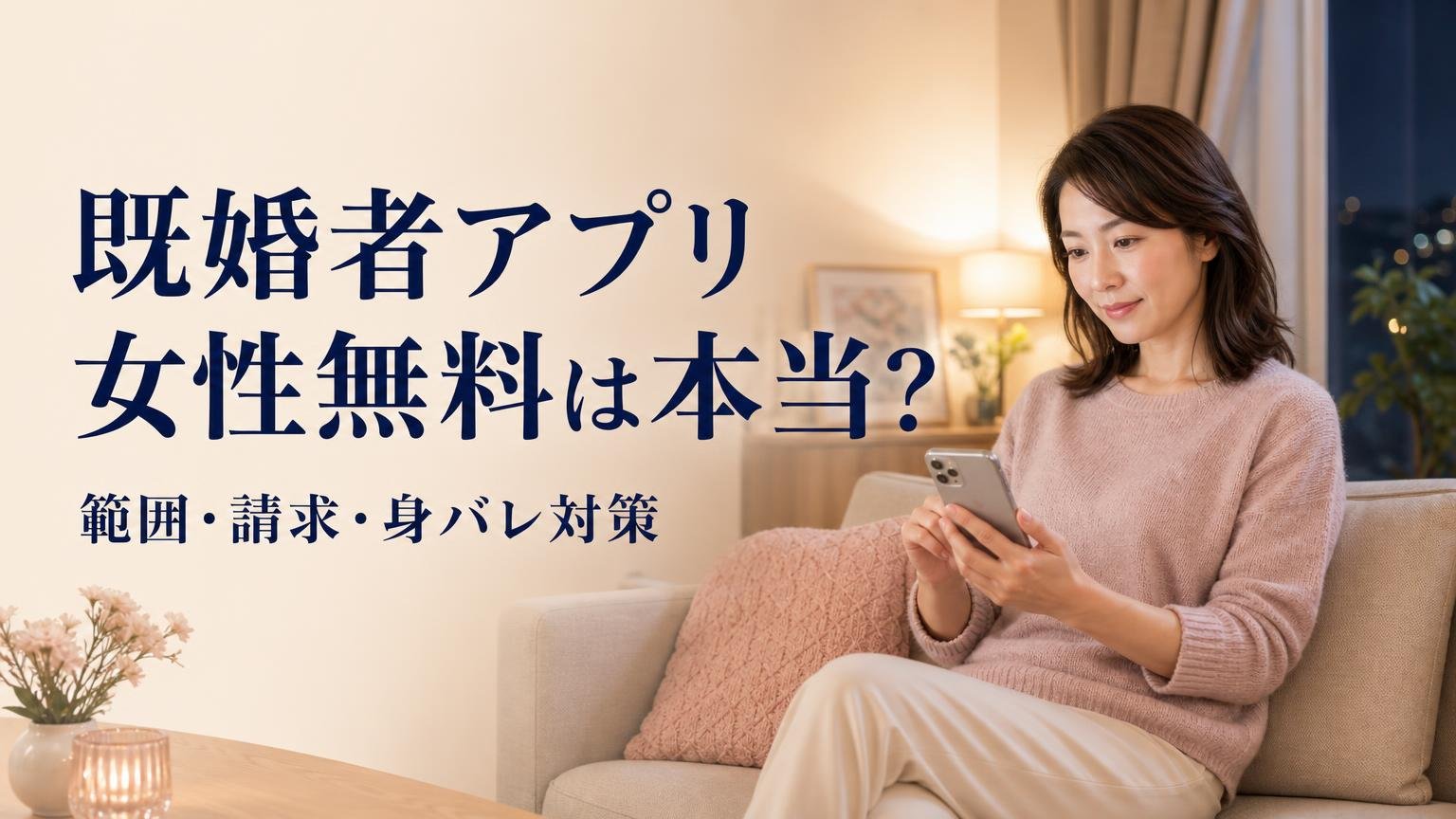 夜のリビングでスマートフォンを見る30代後半の女性と、既婚者アプリの女性無料は本当?の文字